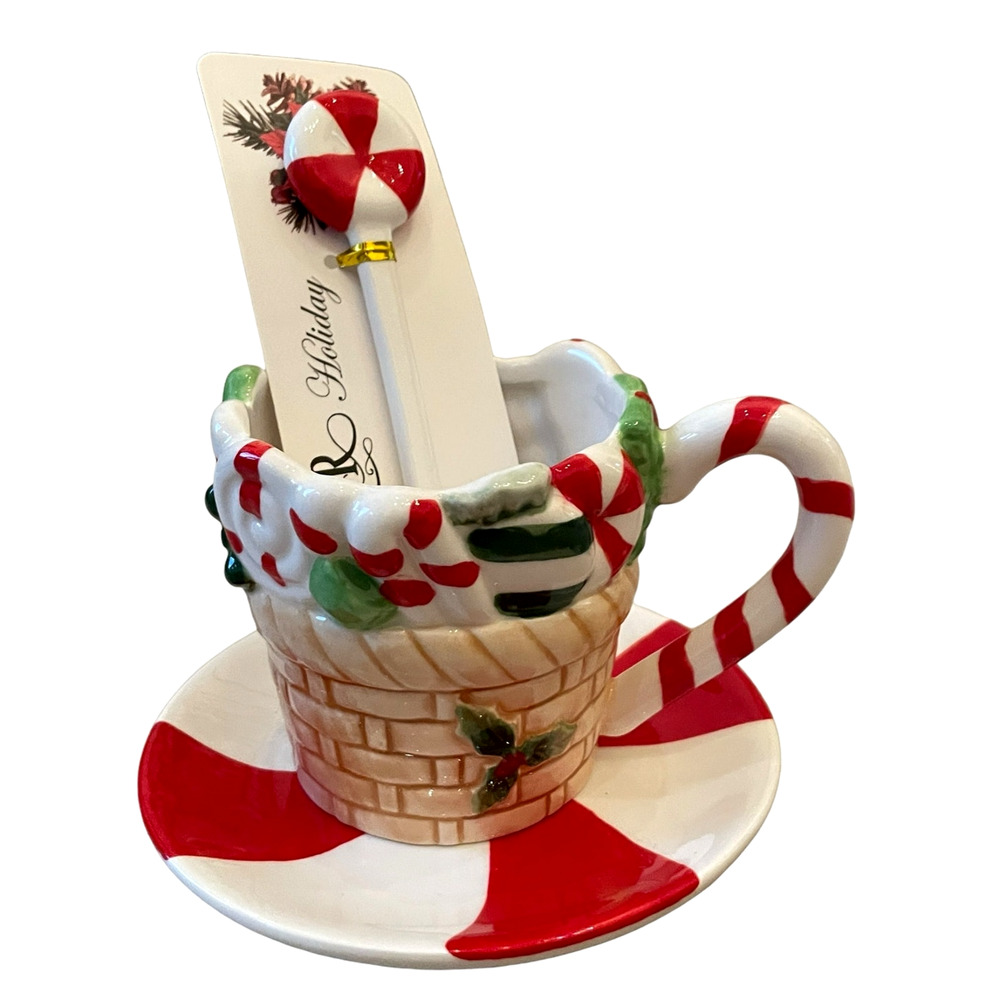 CR Holiday Hand Painted Candy Cane Cup Saucer & Spoon Christmas Set New